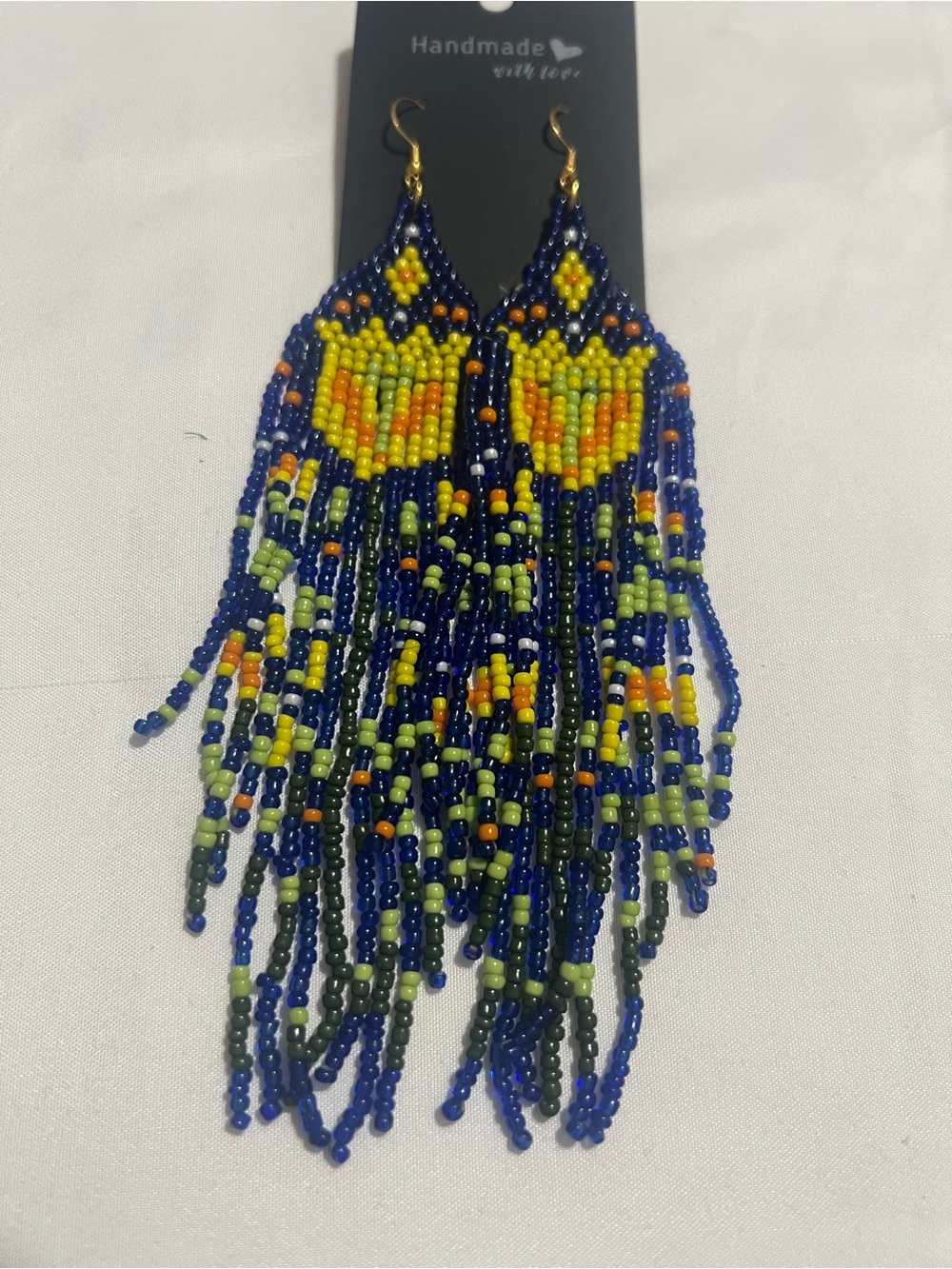 Handmade Beaded Fringe Earrings - Navy, Yellow & Lime